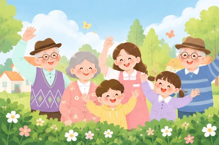 요양보호사와 어르신 부부, 손주들이 꽃밭 앞에서 함께 손을 흔드는 그림