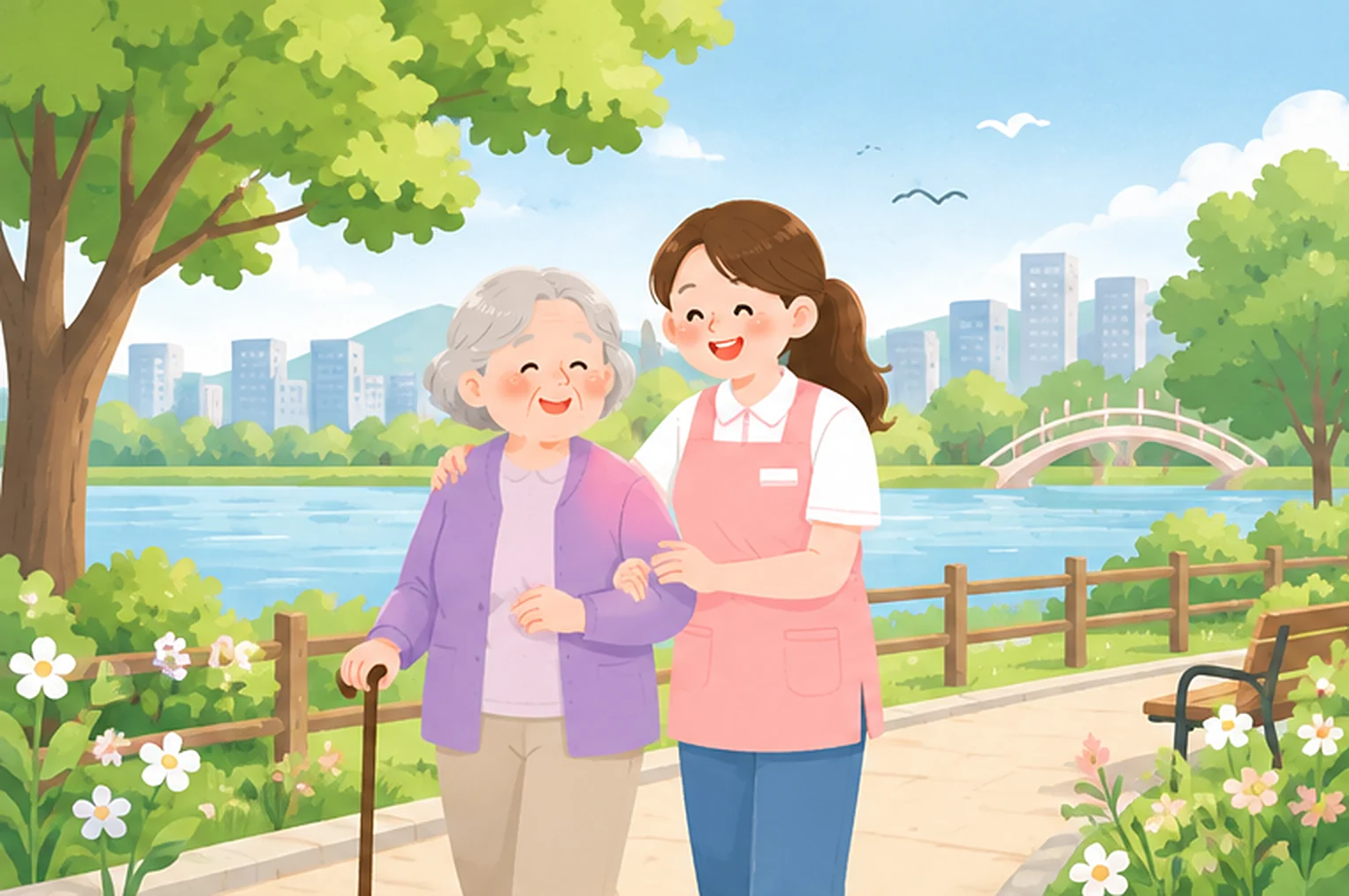 요양보호사가 지팡이를 짚은 어르신과 팔짱을 끼고 청라 물길 산책로를 함께 걷는 그림