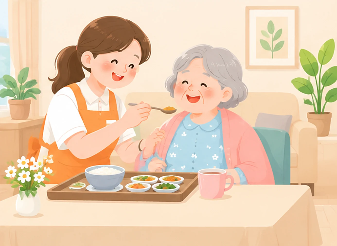 요양보호사가 어르신 곁에 앉아 식사를 돕는 그림